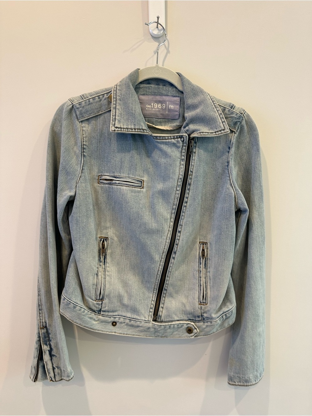 GAP Light Blue Asymmetrical Denim Moto Jacket
